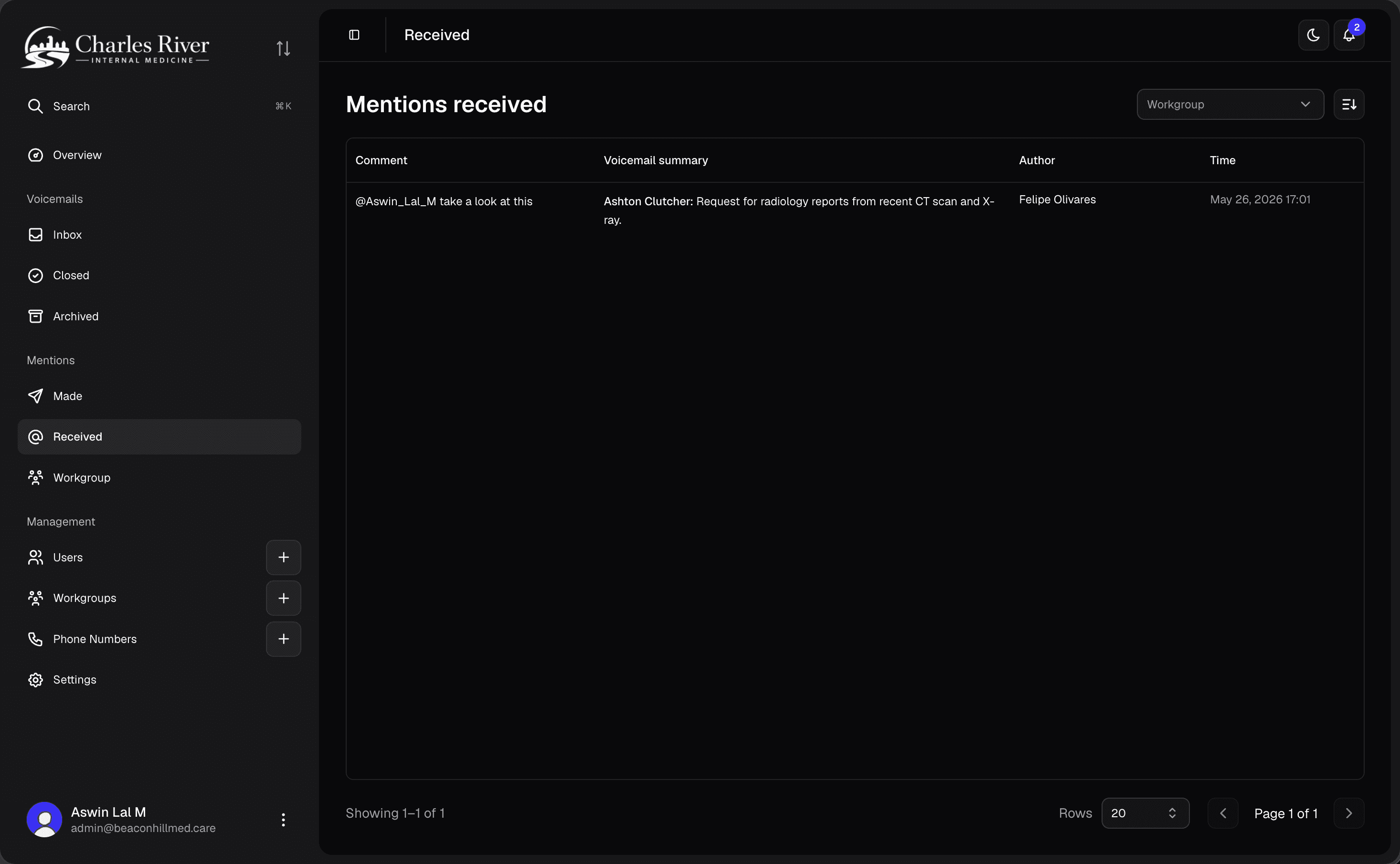 Mentions page