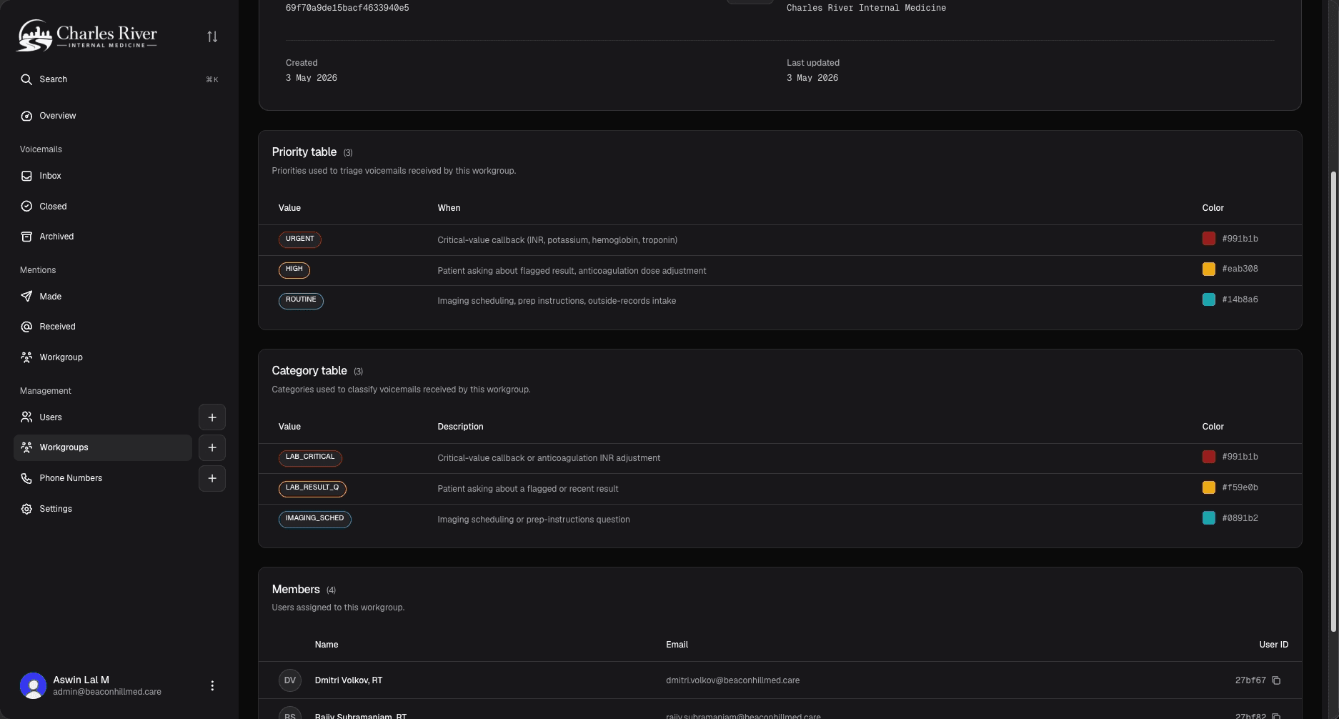 Workgroup settings page